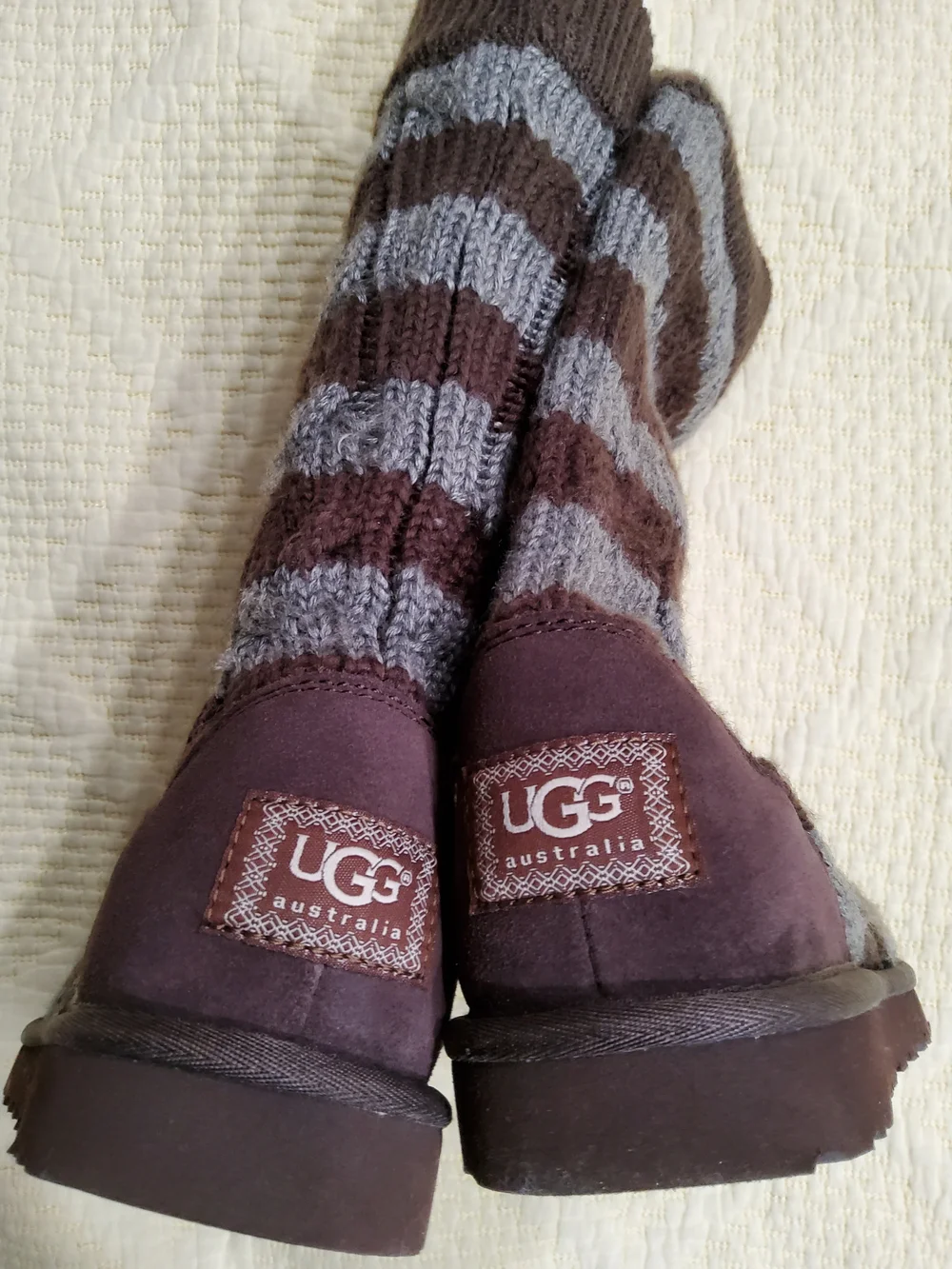 UGG Wool Suede Brown and Gray Striped Knit Winter Boots